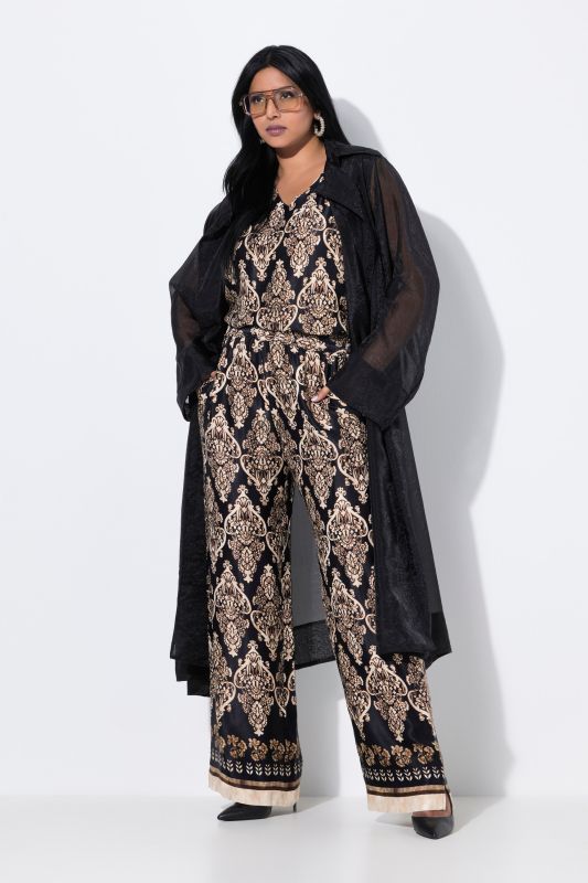 Pantalon en satin à taille élastique, jambe droite et large