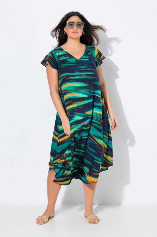 Robe midi, coupe évasée, col V, manches courtes