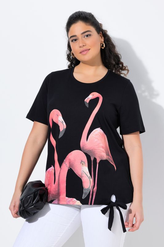 T-shirt, motif flamants roses, pierres fantaisie, col rond, manches courtes