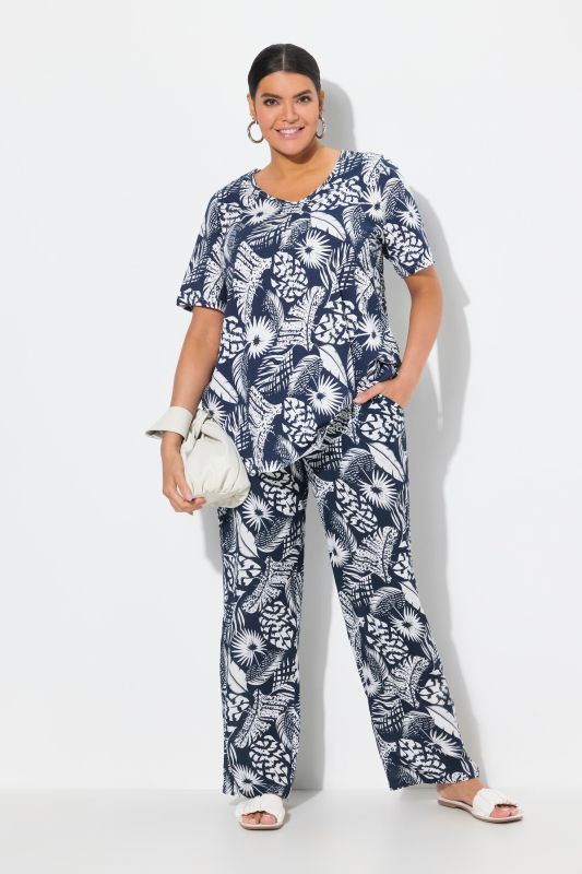 Pantalon Rose, motif feuilles, jambe large, taille élastique