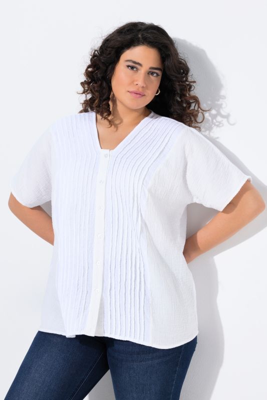 Chemisier en mousseline, oversize, passepoils, col en V, manches courtes