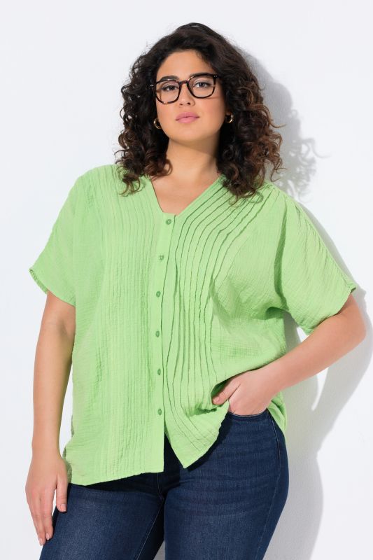 Chemisier en mousseline, oversize, passepoils, col en V, manches courtes