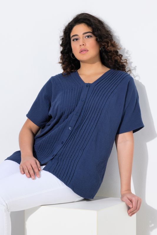 Chemisier en mousseline, oversize, passepoils, col en V, manches courtes