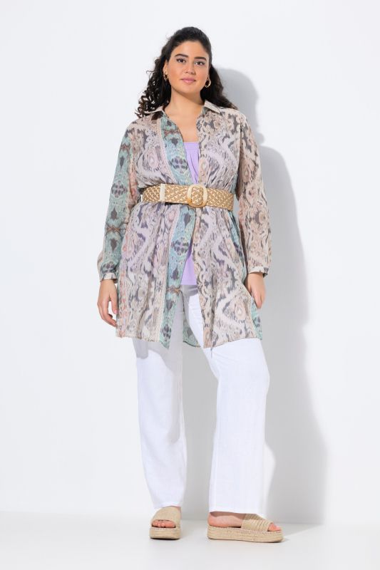 Chemisier long, mélange d'imprimés, coupe évasée, col chemise, manches longues