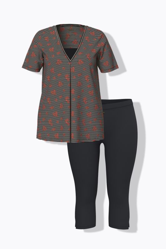 Pyjama. T-shirt col V et manches courtes. Pantalon corsaire