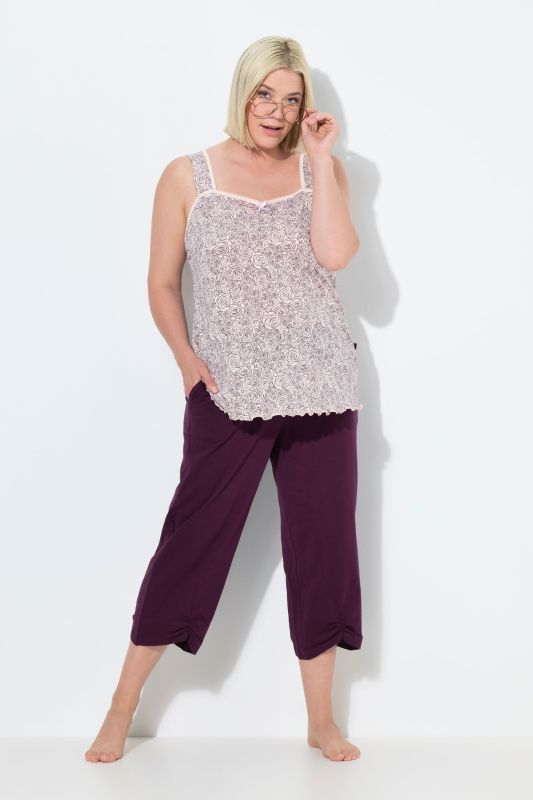 Pyjama, motif de roses, pantalon 3/4, poches, sans manches
