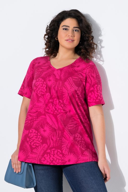 T-shirt, motif de plumes, coupe évasée, col V, manches courtes