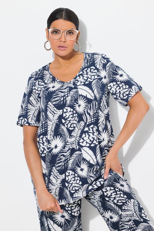 T-shirt, motif de plumes, coupe évasée, col V, manches courtes