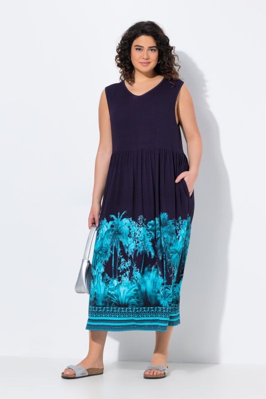 Robe maxi en jersey, motif palmiers, col V, sans manches