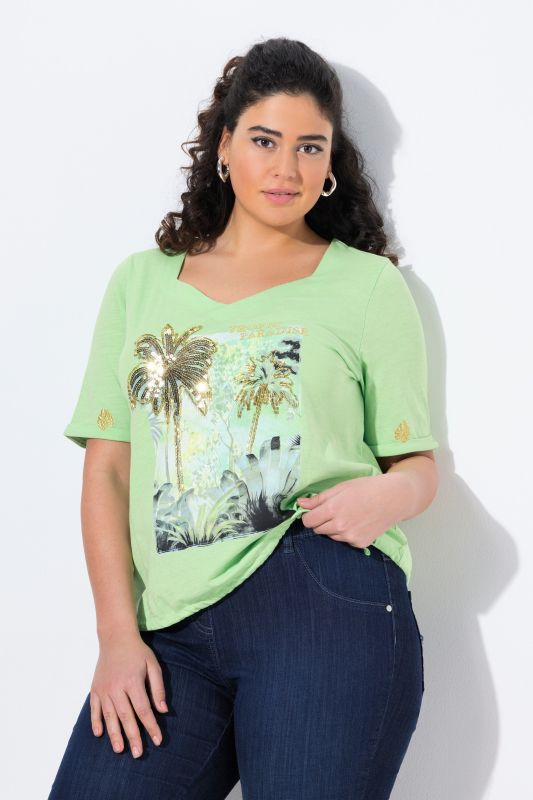 T-shirt, cordon de serrage, motif palmiers, décolleté en forme de cœur, manches courtes