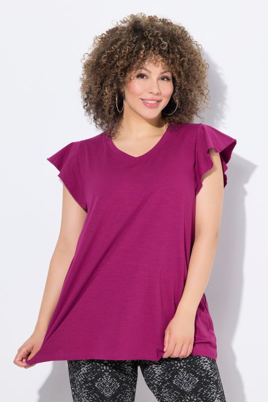 T-shirt coupe évasée, manches volantées et décolleté en V