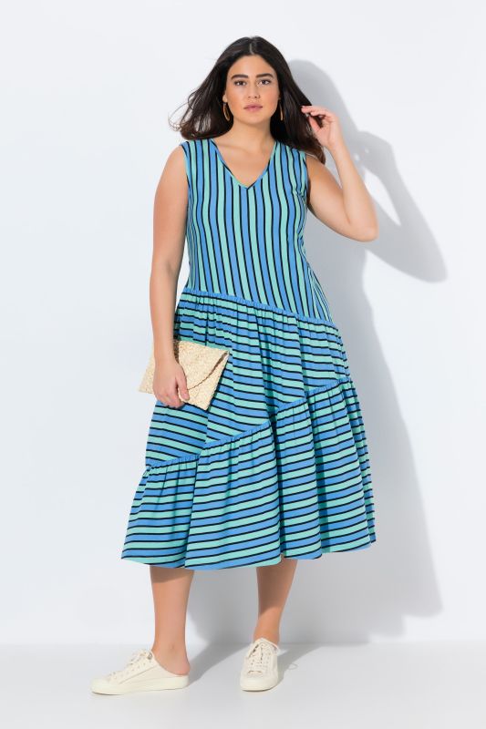 Robe midi sans manches. Col V et coupe évasée. Coton bio