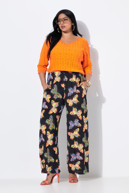 Pantalon au tombé fluide, jambe large et taille élastique, motif papillons