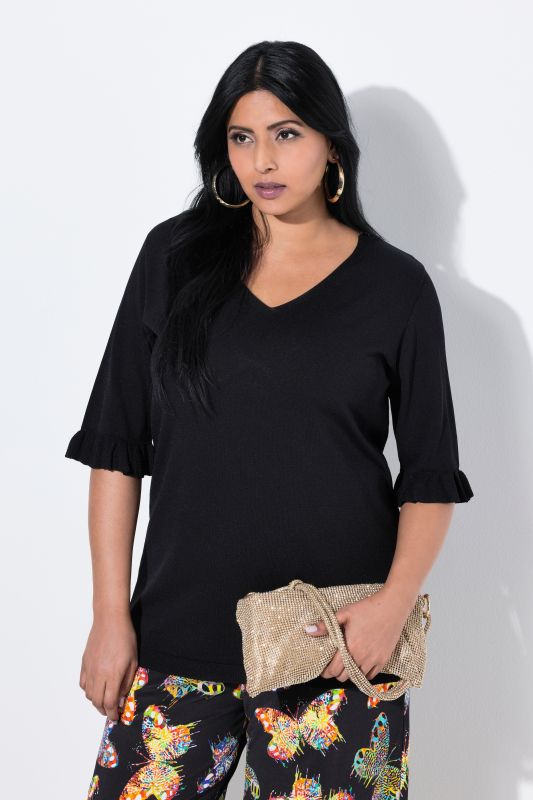 Pull en maille, encolure en V, manches courtes avec ruchés