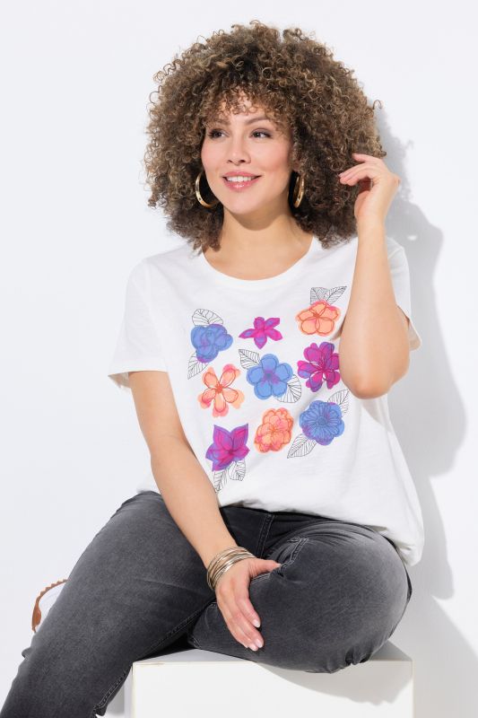 T-shirt motif fleurs multicolores, décolleté rond et manches courtes, coupe évasée