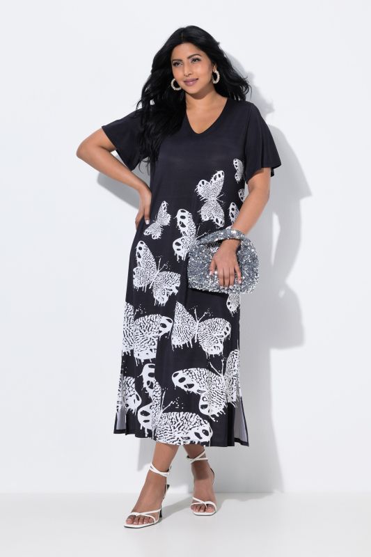 Robe midi fluide, motif papillons, décolleté en V et manches courtes