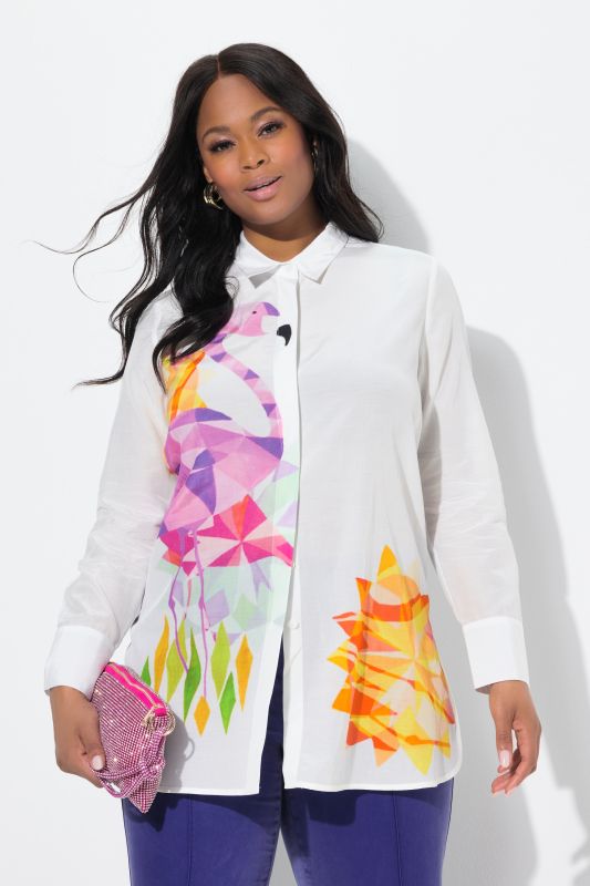 Chemisier long, coupe évasée. Col chemise et manches longues