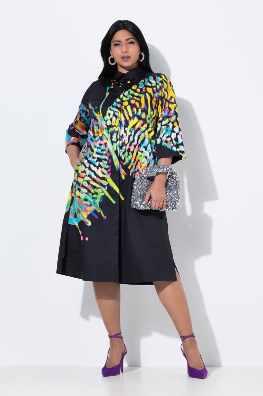 Robe midi motif papillon, manches 3/4 et col chemise