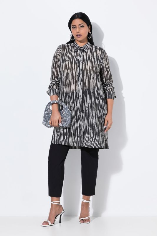 Chemisier long, tissu texturé, manches longues et col chemise