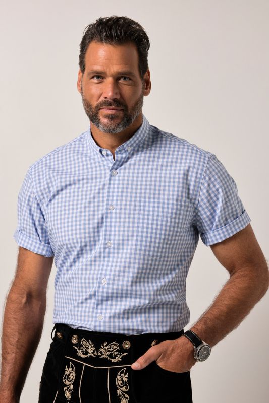 Chemise à carreaux JP 1880 traditionnelle. Manches courtes et mini-col à pointes boutonnées. Coupe Modern Fit - jusqu'au 8 XL