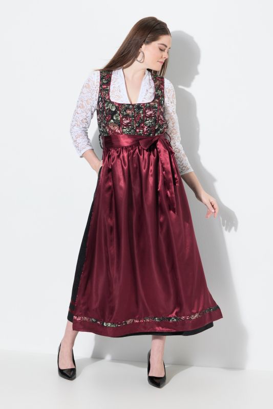Dirndl sans manches, costume traditionnel bavarois. Décolleté carré et tablier en satin. Motif floral