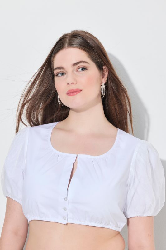 Chemisier traditionnel Dirndl. Manches courtes et amples en tulle. Décolleté rond et taille élastique
