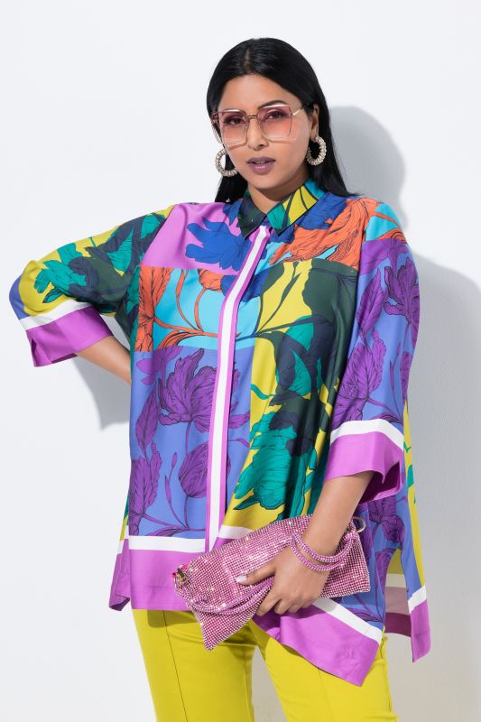 Chemisier oversize, manches 3/4 et col chemise, finition en pointes