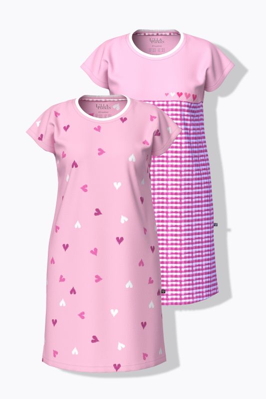 Lot de 2 chemises de nuit, motif cœurs/carreaux, décolleté rond et manches courtes,