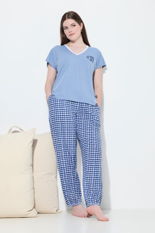Pyjama à carreaux, T-shirt décolleté en V et manches courtes