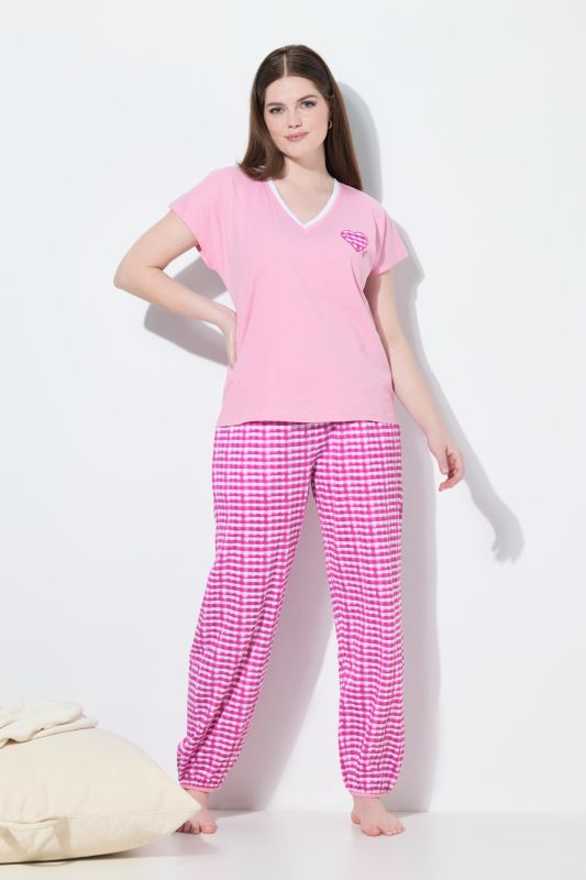 Pyjama à carreaux, T-shirt décolleté en V et manches courtes