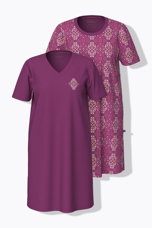 Lot de 2 chemises de nuit, motif losanges, décolleté rond et manches courtes