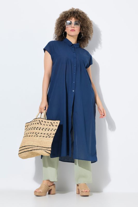 Chemisier long à manches courtes, col chemise et plis fantaisie, coupe évasée