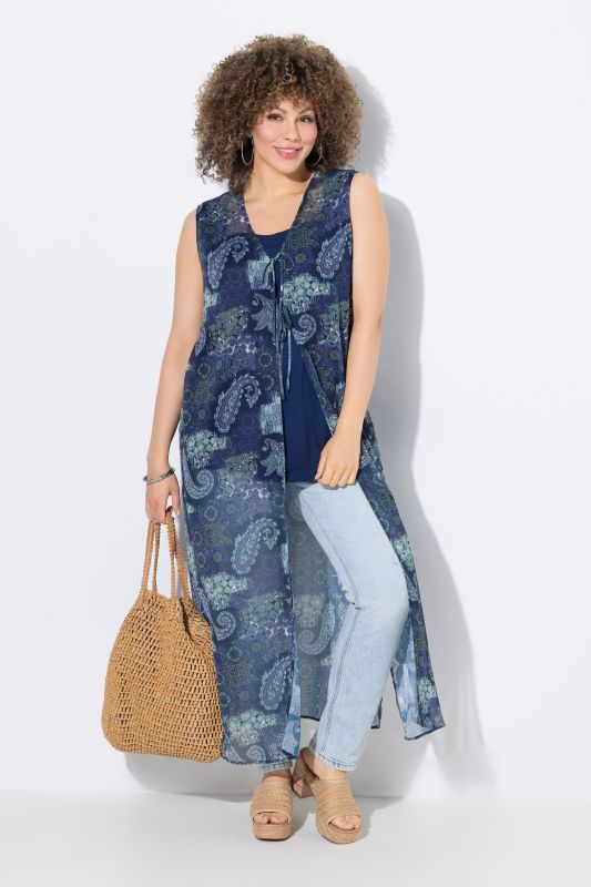 Blouse longue sans manches, jeu d'imprimés et coupe évasée
