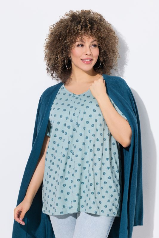 T-shirt avec plis fantaisie, décolleté en V et manches courtes, coupe évasée