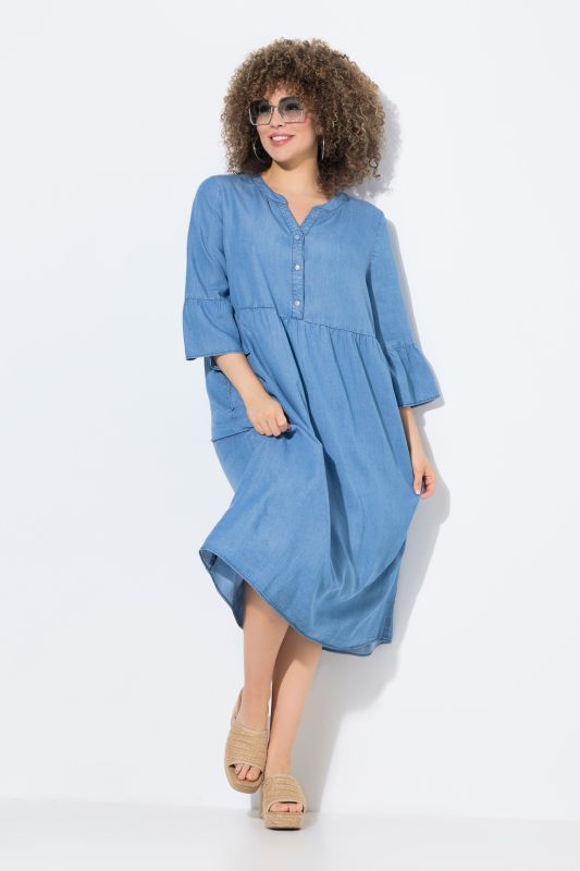 Robe en jean, col tunisien et manches 3/4 à volant, coupe évasée