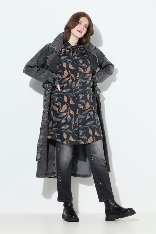 Chemisier long motif à feuilles, col de chemise et manches longues, coupe évasée