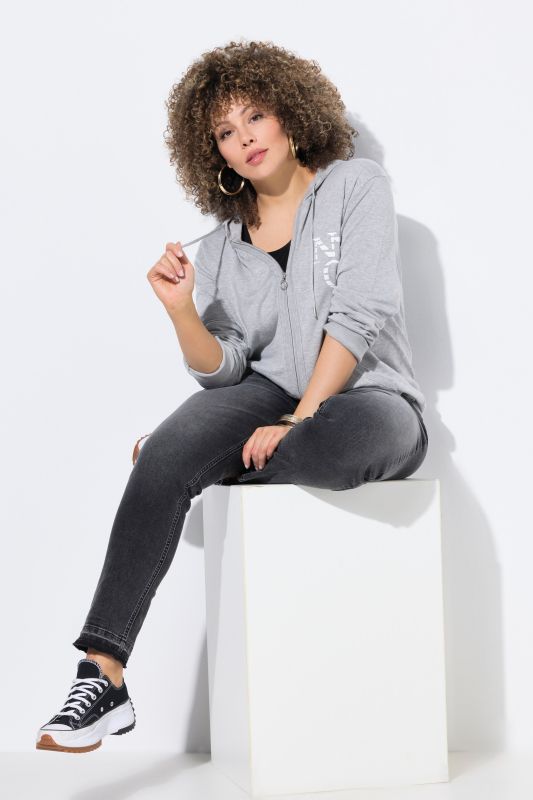 Jean Sarah à taille élastique, jambe étroite avec ourlet frangé