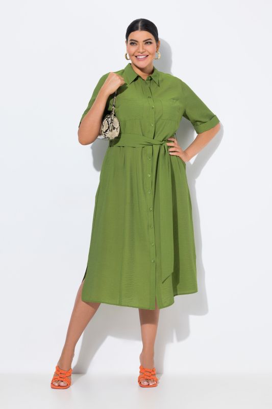 Robe midi à manches courtes et col chemise, coupe évasée