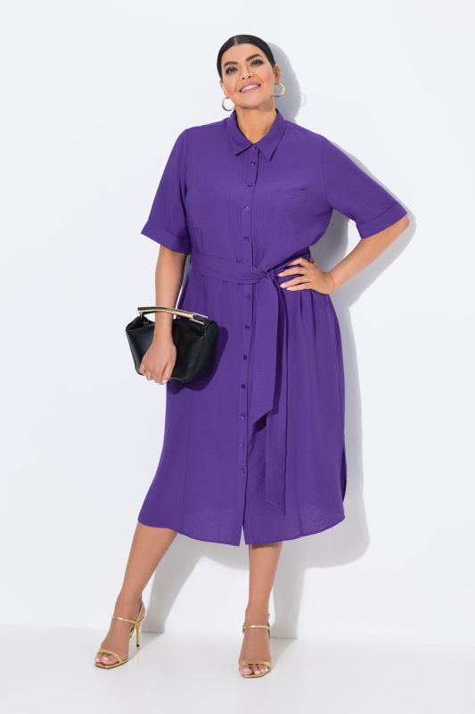 Robe midi à manches courtes et col chemise, coupe évasée