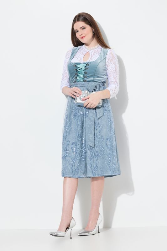 Dirndl sans manches, costume traditionnel bavarois. Décolleté carré. Broderies et laçage
