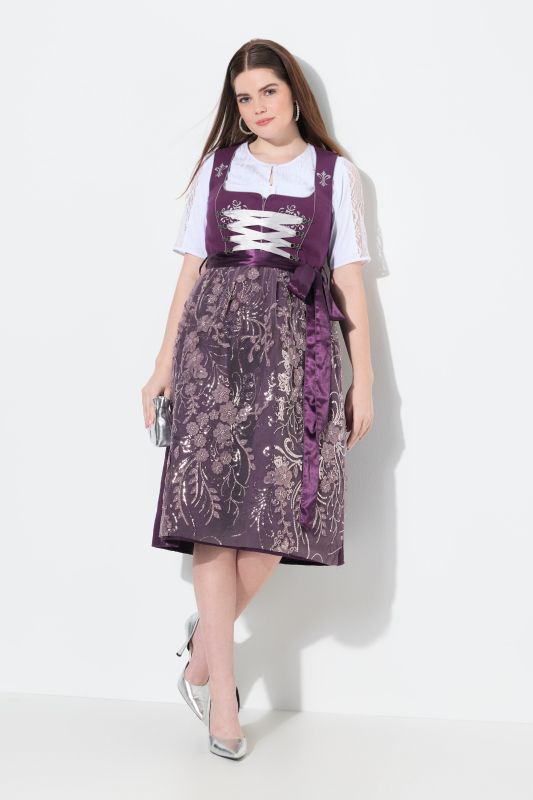 Dirndl sans manches, costume traditionnel bavarois. Décolleté carré. Broderies et laçage