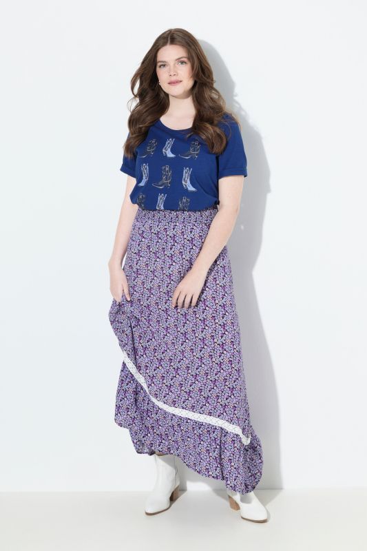 Jupe midi motif floral, taille élastique et coupe évasée