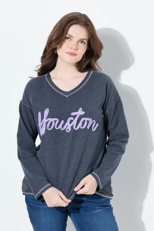Sweat-shirt imprimé Houston, col en V et manches longues, bords roulottés