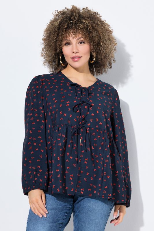 Blouse coupe évasée, imprimé petits nœuds, décolleté en V et manches longues