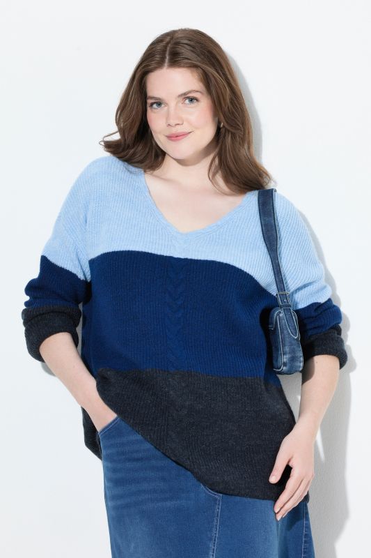 Pull esprit « colour block », motif torsadé, col en V et manches longues