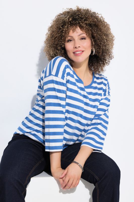 T-shirt oversize à rayures, décolleté rond et manches longues