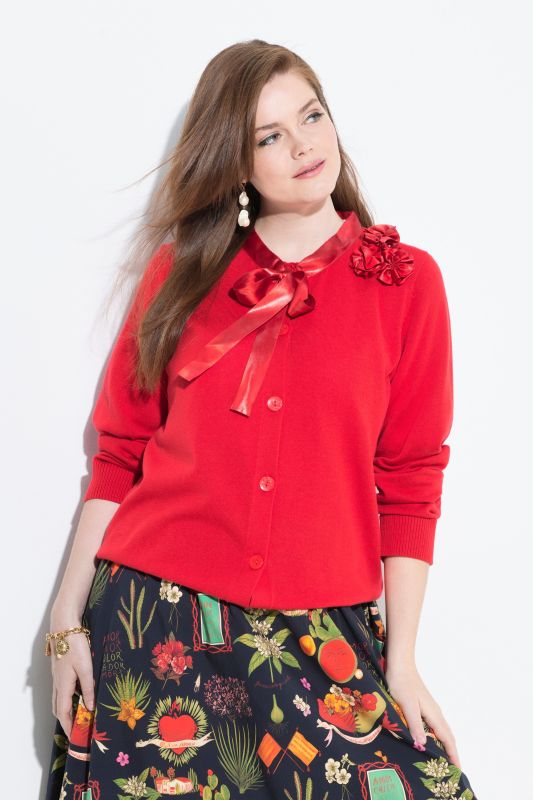 Cardigan col rond et manches longues, fleurs en satin