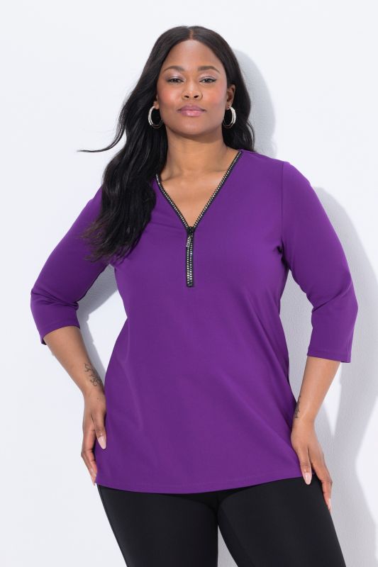 T-shirt en point de Rome, fermeture zippée, décolleté en V et manches 3/4, coupe évasée