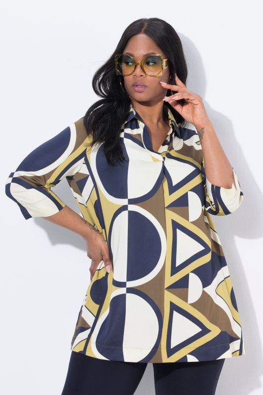 Tunique en satin, imprimé graphique, manches 3/4 et col chemise