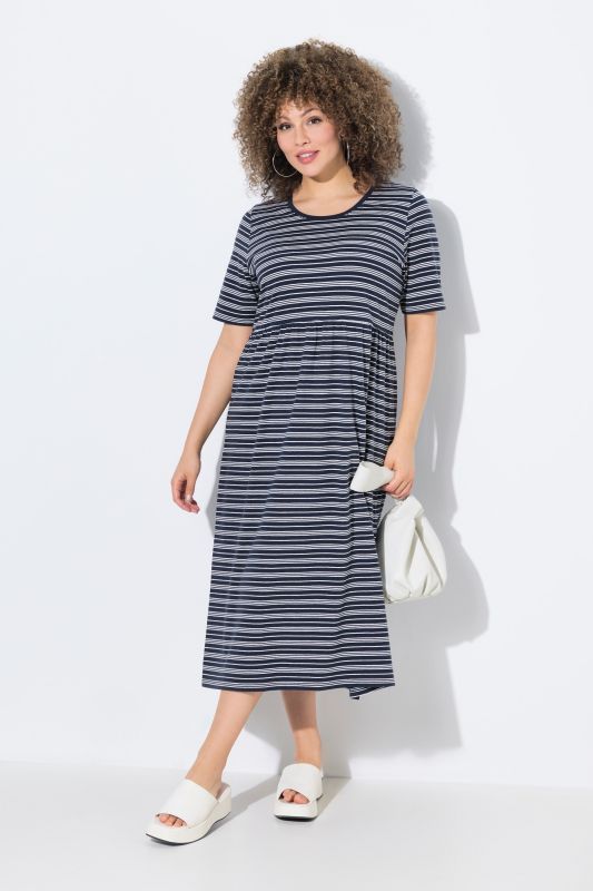 Robe midi à rayures, décolleté en V et manches courtes, coupe évasée